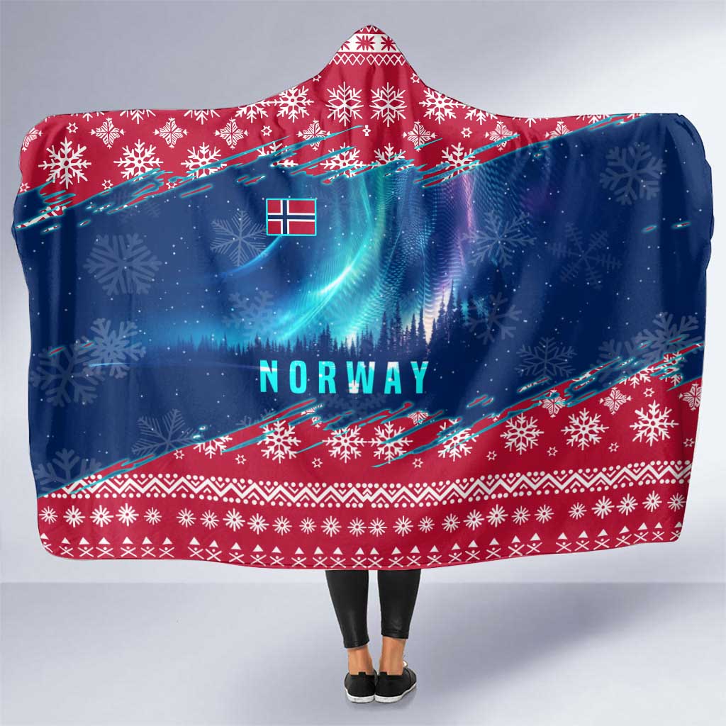 Norway Christmas Hooded Blanket with Northern Lights Snowflake Pattern and Nordic Forest - Wonder Print Shop