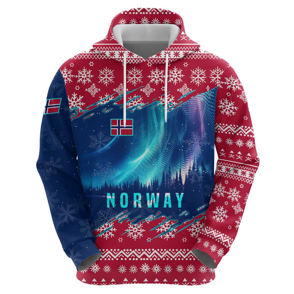 Norway Christmas Hoodie with Northern Lights Snowflake Pattern and Nordic Forest - Wonder Print Shop