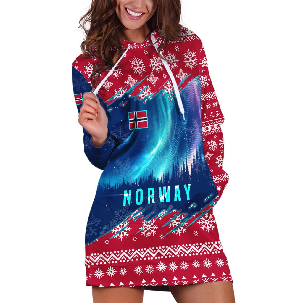 Norway Christmas Hoodie Dress with Northern Lights Snowflake Pattern and Nordic Forest - Wonder Print Shop