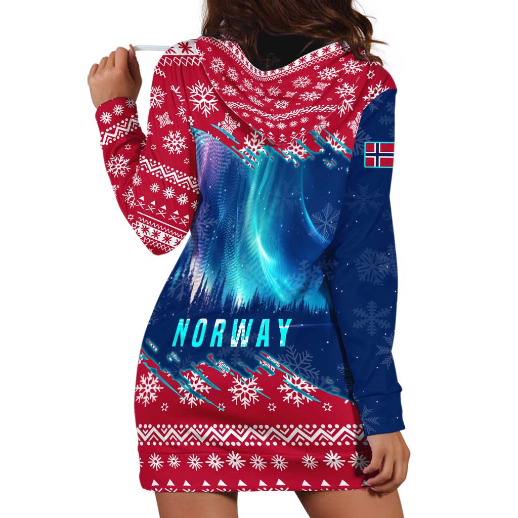 Norway Christmas Hoodie Dress with Northern Lights Snowflake Pattern and Nordic Forest - Wonder Print Shop