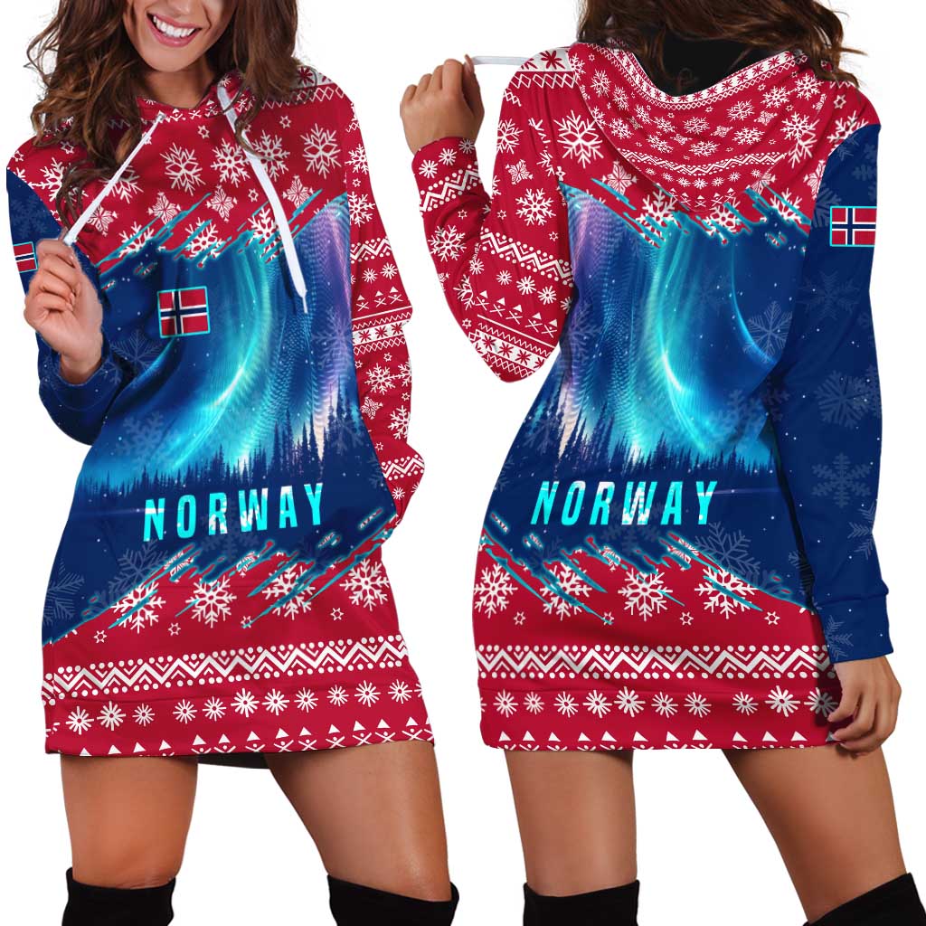 Norway Christmas Hoodie Dress with Northern Lights Snowflake Pattern and Nordic Forest - Wonder Print Shop