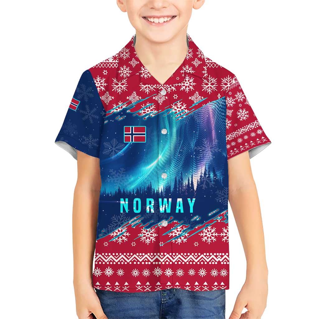 Norway Christmas Kid Hawaiian Shirt with Northern Lights Snowflake Pattern and Nordic Forest - Wonder Print Shop