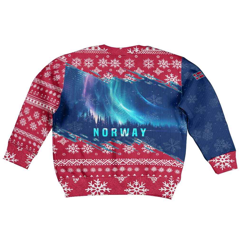 Norway Christmas Kid Ugly Christmas Sweater with Northern Lights Snowflake Pattern and Nordic Forest - Wonder Print Shop