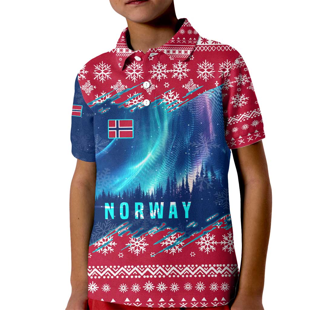 Norway Christmas Kid Polo Shirt with Northern Lights Snowflake Pattern and Nordic Forest - Wonder Print Shop