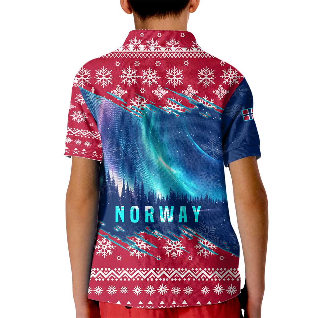 Norway Christmas Kid Polo Shirt with Northern Lights Snowflake Pattern and Nordic Forest - Wonder Print Shop