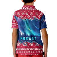 Norway Christmas Kid Polo Shirt with Northern Lights Snowflake Pattern and Nordic Forest - Wonder Print Shop