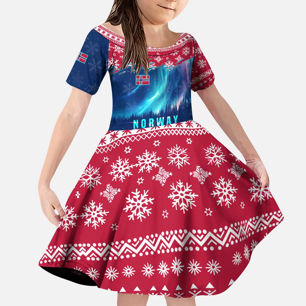 Norway Christmas Kid Short Sleeve Dress with Northern Lights Snowflake Pattern and Nordic Forest - Wonder Print Shop