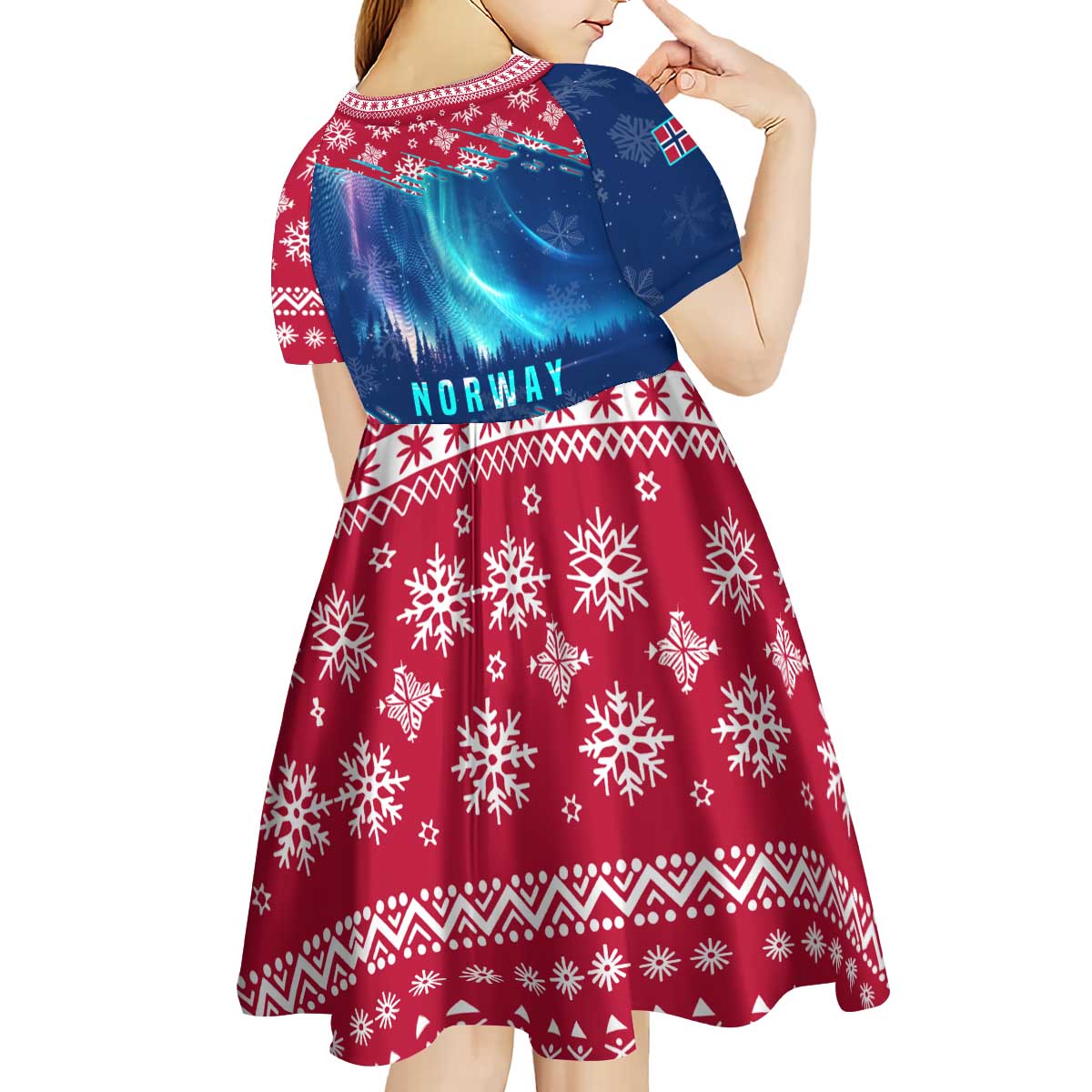 Norway Christmas Kid Short Sleeve Dress with Northern Lights Snowflake Pattern and Nordic Forest - Wonder Print Shop
