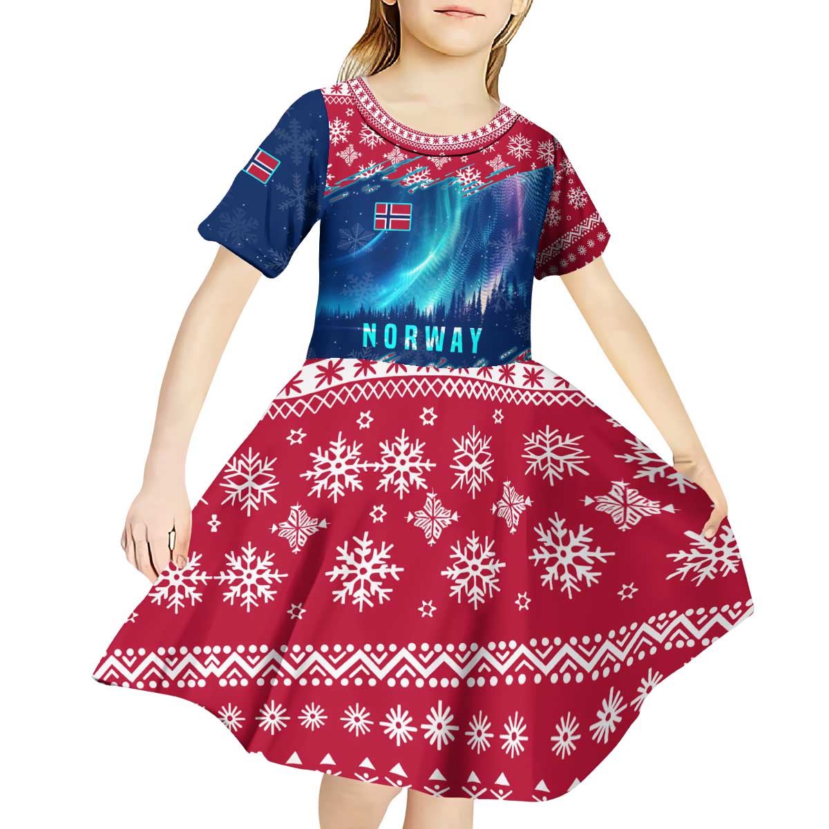 Norway Christmas Kid Short Sleeve Dress with Northern Lights Snowflake Pattern and Nordic Forest - Wonder Print Shop