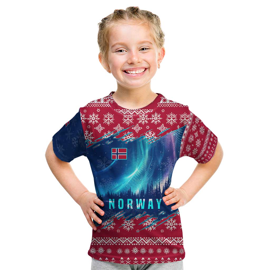 Norway Christmas Kid T Shirt with Northern Lights Snowflake Pattern and Nordic Forest - Wonder Print Shop