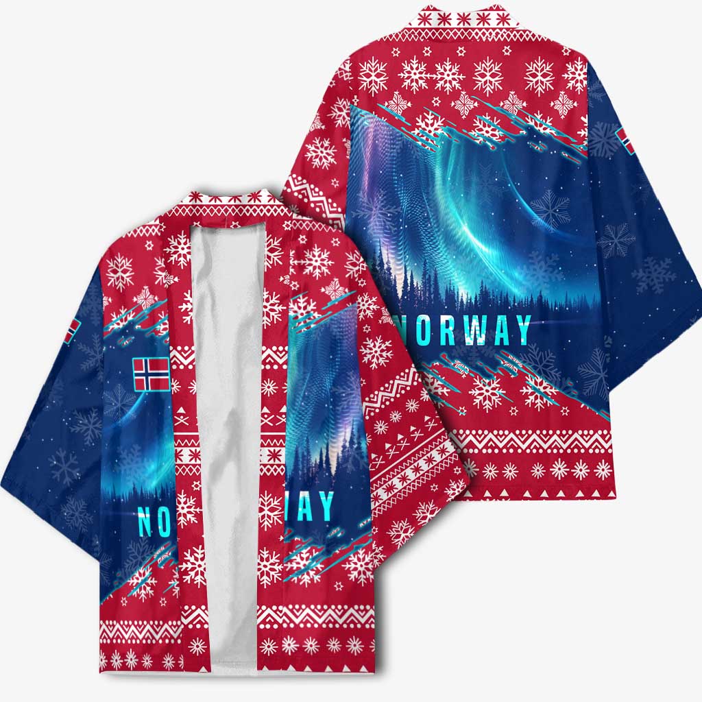 Norway Christmas Kimono with Northern Lights Snowflake Pattern and Nordic Forest - Wonder Print Shop