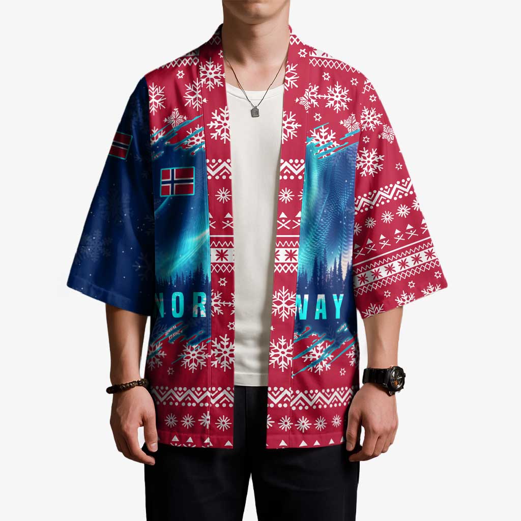 Norway Christmas Kimono with Northern Lights Snowflake Pattern and Nordic Forest - Wonder Print Shop