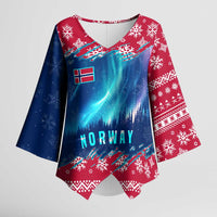 Norway Christmas Kimono Sleeve Blouse with Northern Lights Snowflake Pattern and Nordic Forest - Wonder Print Shop