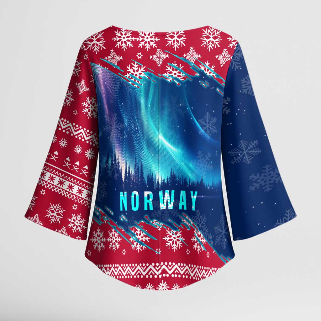 Norway Christmas Kimono Sleeve Blouse with Northern Lights Snowflake Pattern and Nordic Forest - Wonder Print Shop