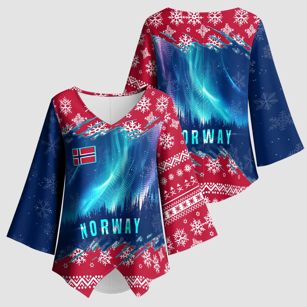 Norway Christmas Kimono Sleeve Blouse with Northern Lights Snowflake Pattern and Nordic Forest - Wonder Print Shop