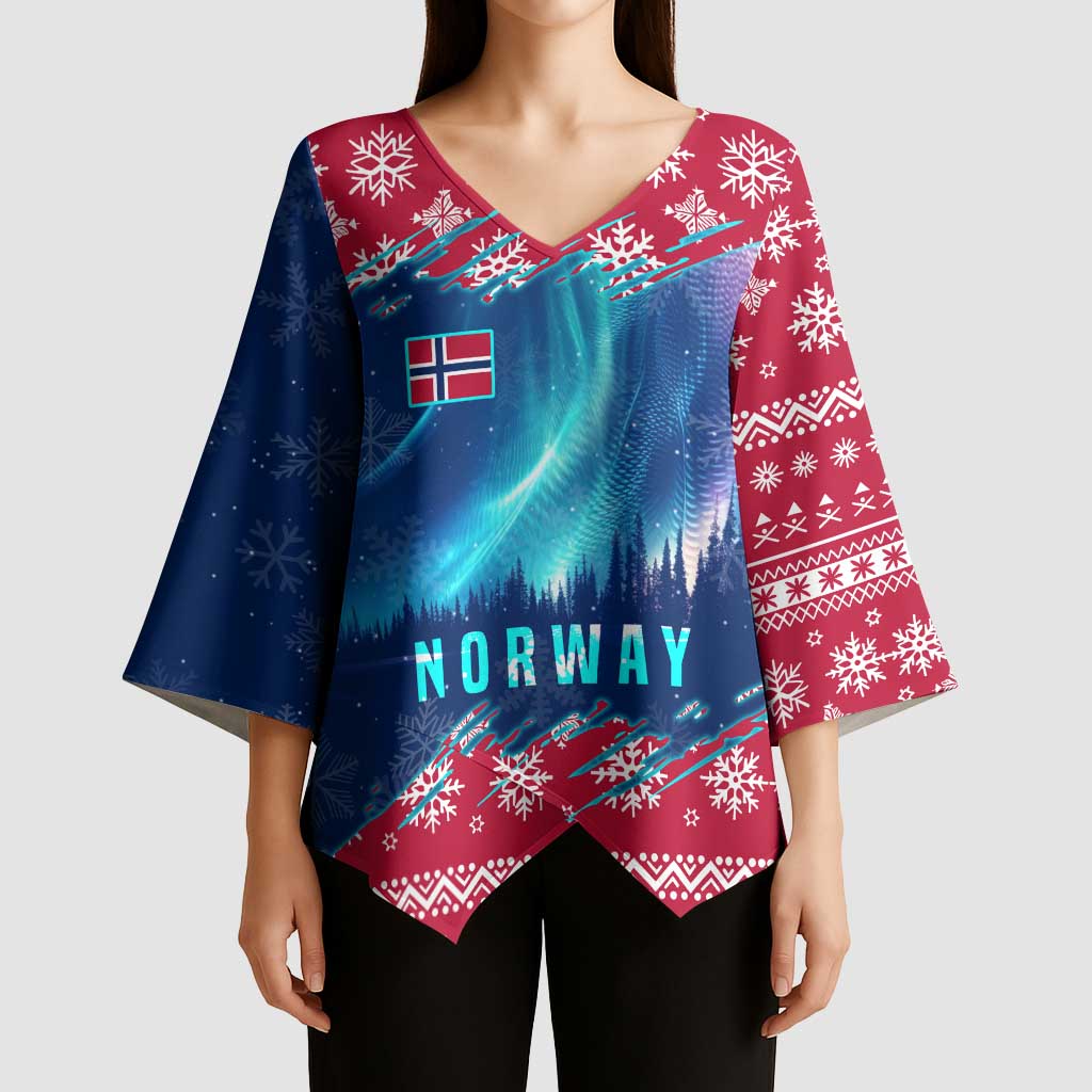 Norway Christmas Kimono Sleeve Blouse with Northern Lights Snowflake Pattern and Nordic Forest - Wonder Print Shop