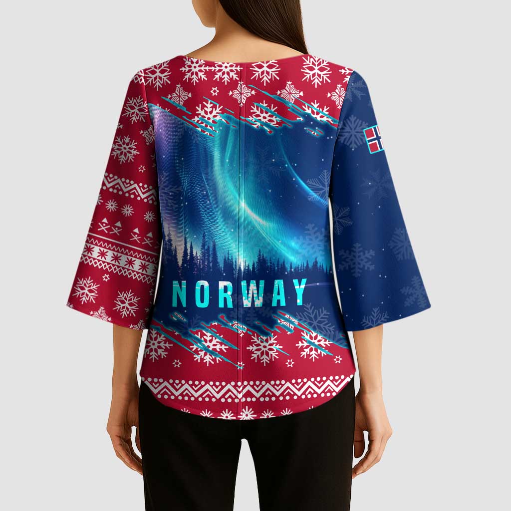 Norway Christmas Kimono Sleeve Blouse with Northern Lights Snowflake Pattern and Nordic Forest - Wonder Print Shop