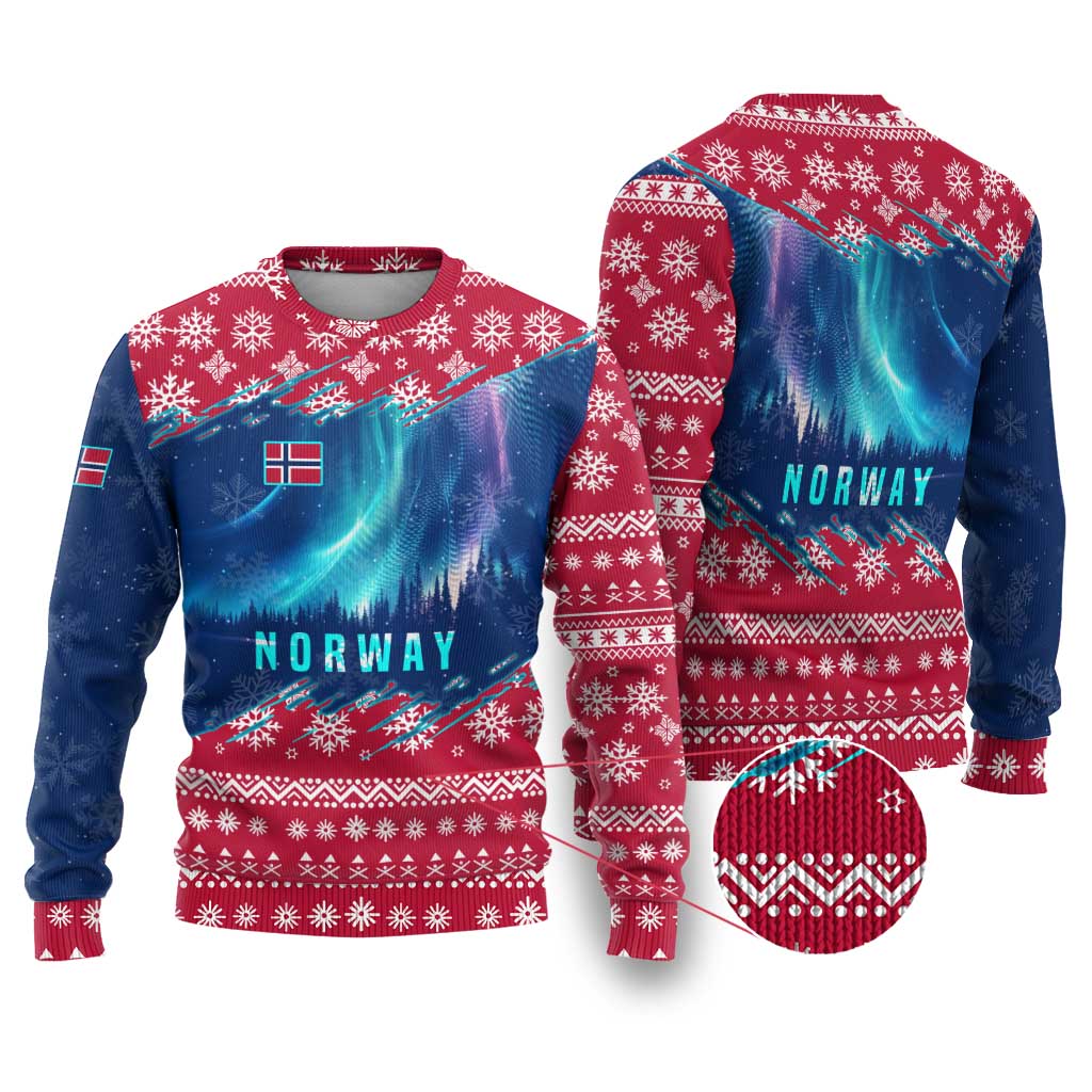 Norway Christmas Ugly Christmas Sweater with Northern Lights Snowflake Pattern and Nordic Forest - Wonder Print Shop