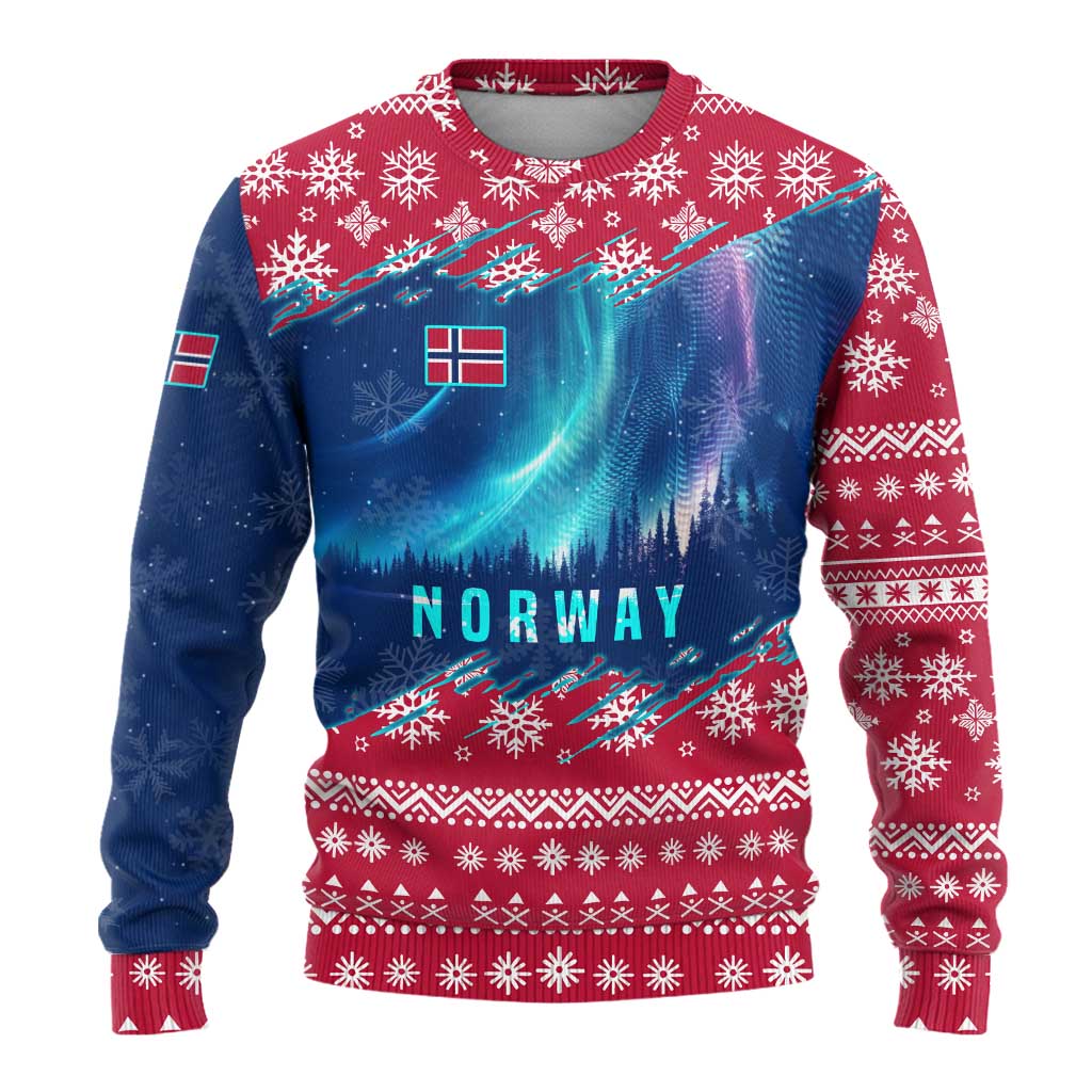 Norway Christmas Ugly Christmas Sweater with Northern Lights Snowflake Pattern and Nordic Forest - Wonder Print Shop