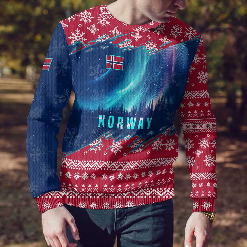 Norway Christmas Ugly Christmas Sweater with Northern Lights Snowflake Pattern and Nordic Forest - Wonder Print Shop