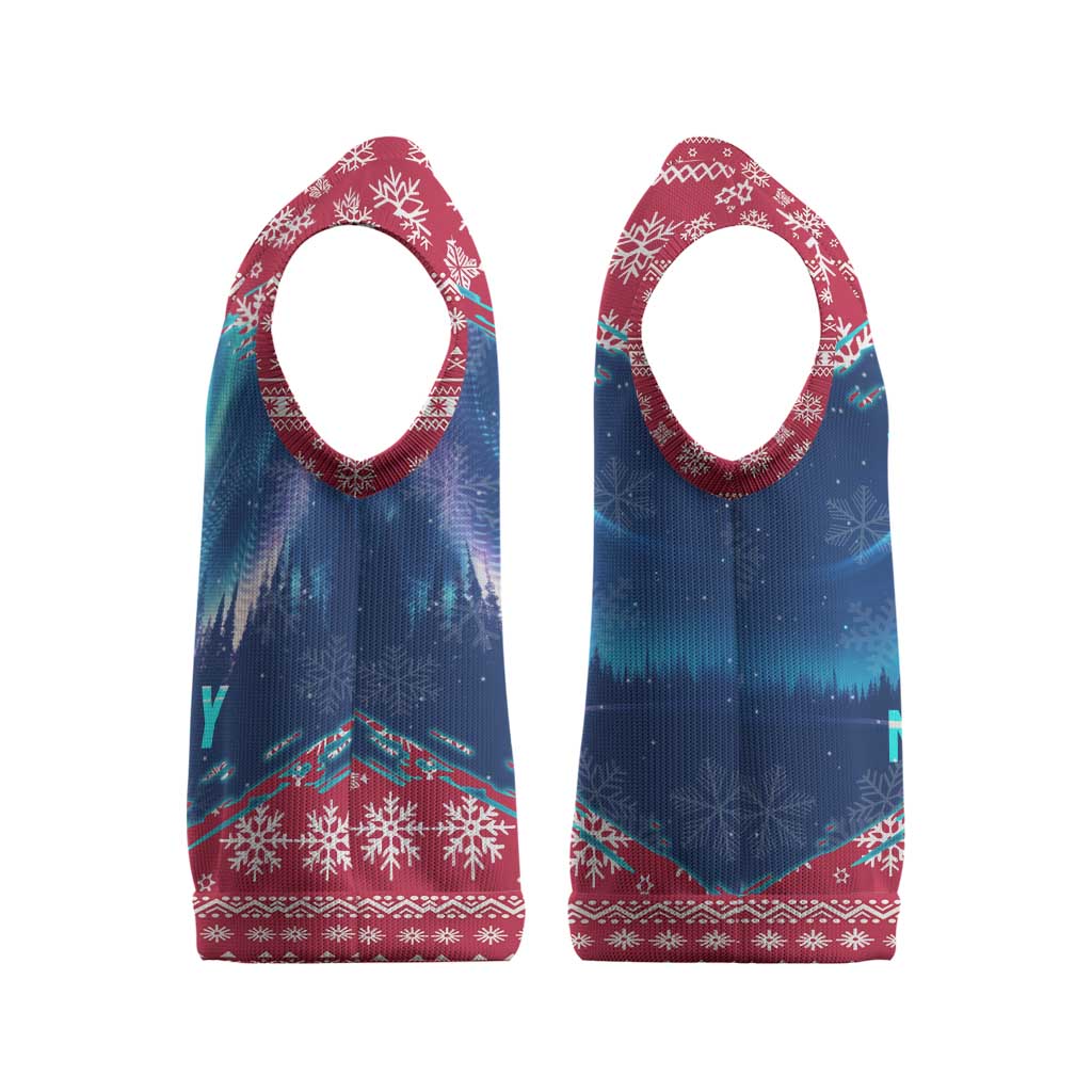 Norway Christmas Knitted V-Neck Vest with Northern Lights Snowflake Pattern and Nordic Forest - Wonder Print Shop