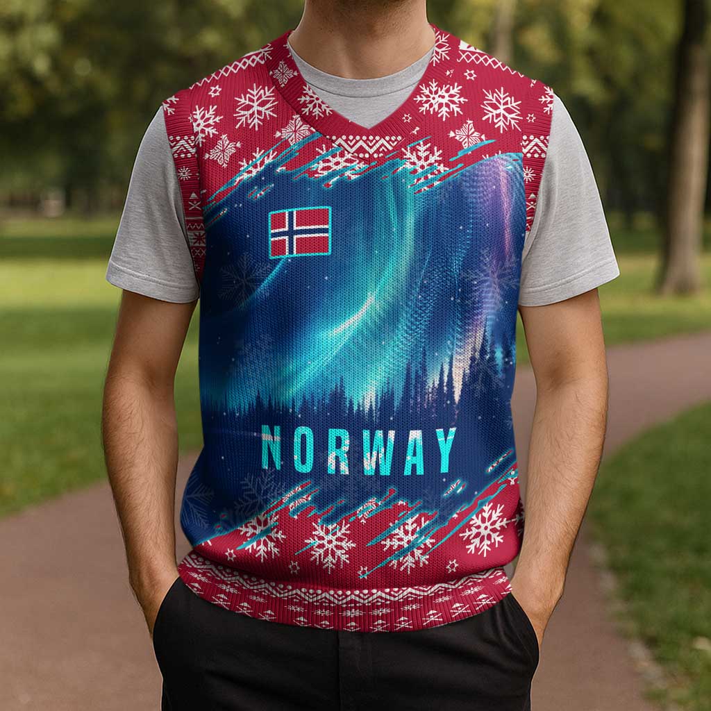 Norway Christmas Knitted V-Neck Vest with Northern Lights Snowflake Pattern and Nordic Forest - Wonder Print Shop