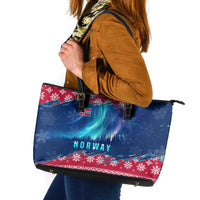 Norway Christmas Leather Tote Bag with Northern Lights Snowflake Pattern and Nordic Forest - Wonder Print Shop