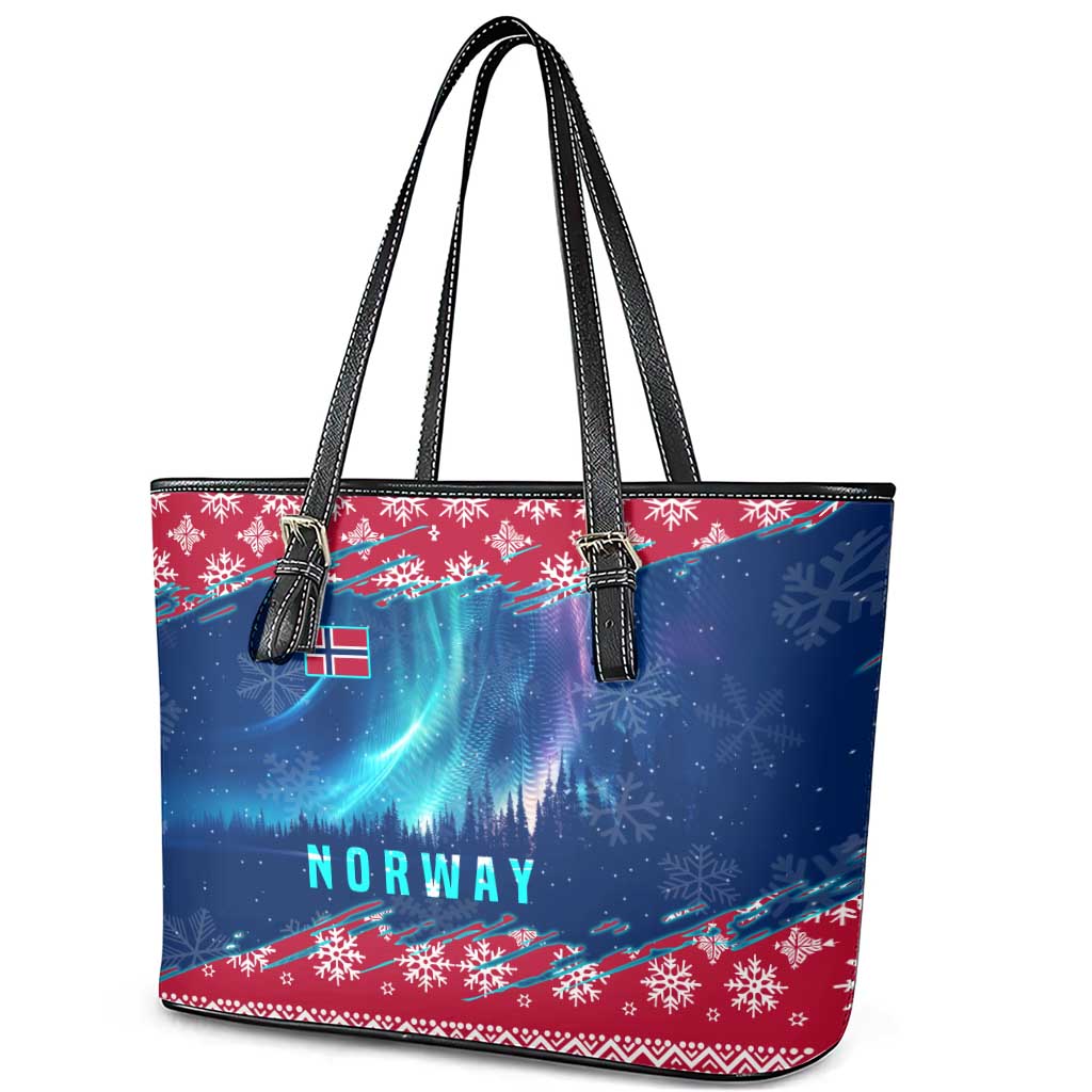 Norway Christmas Leather Tote Bag with Northern Lights Snowflake Pattern and Nordic Forest - Wonder Print Shop