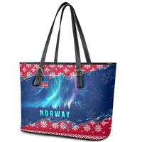 Norway Christmas Leather Tote Bag with Northern Lights Snowflake Pattern and Nordic Forest - Wonder Print Shop