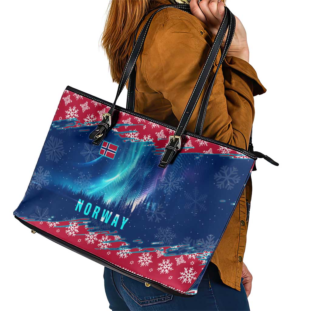 Norway Christmas Leather Tote Bag with Northern Lights Snowflake Pattern and Nordic Forest - Wonder Print Shop