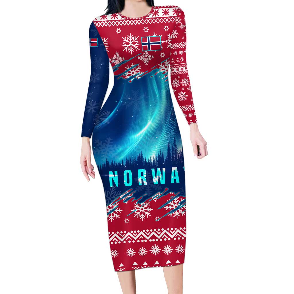 Norway Christmas Long Sleeve Bodycon Dress with Northern Lights Snowflake Pattern and Nordic Forest - Wonder Print Shop