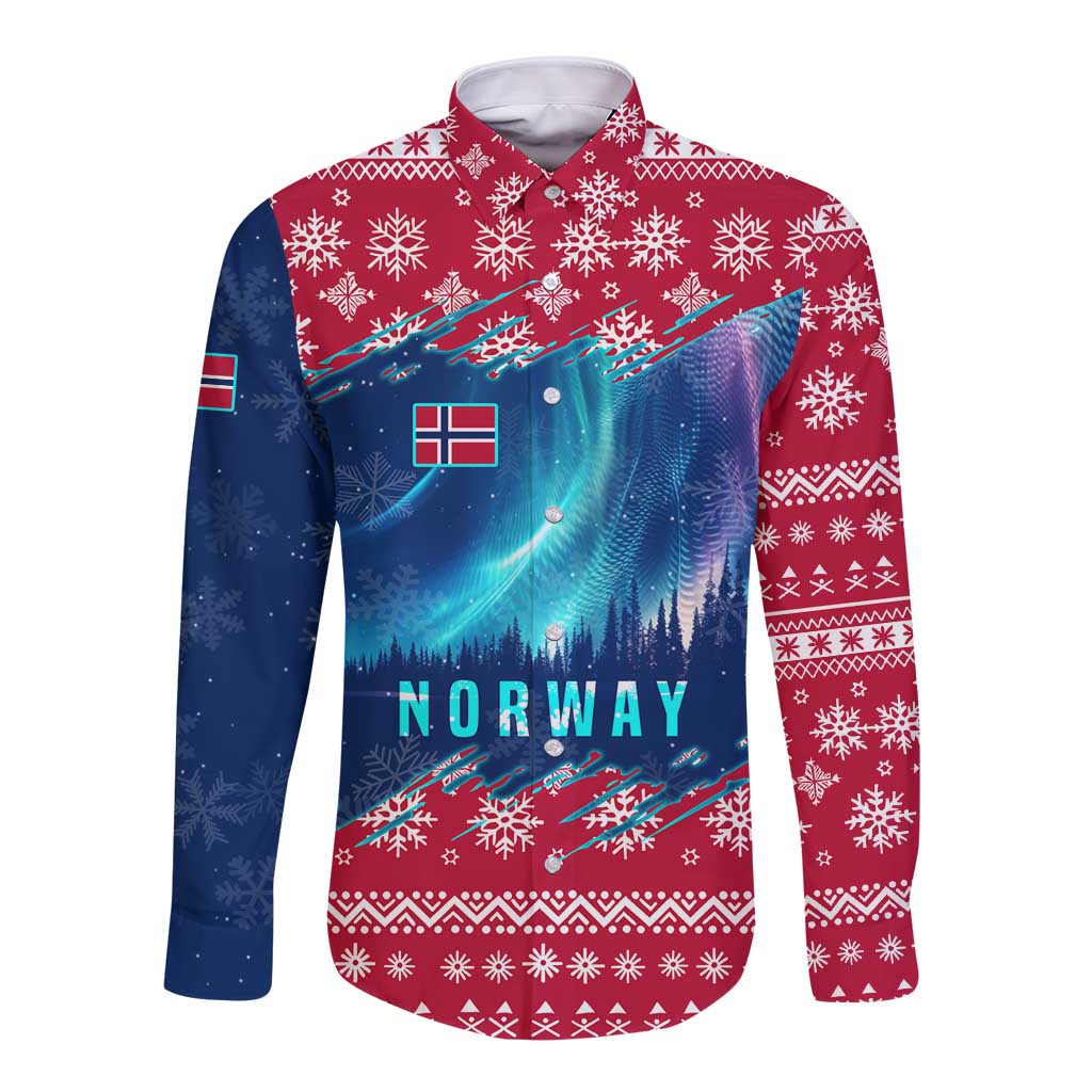 Norway Christmas Long Sleeve Button Shirt with Northern Lights Snowflake Pattern and Nordic Forest - Wonder Print Shop