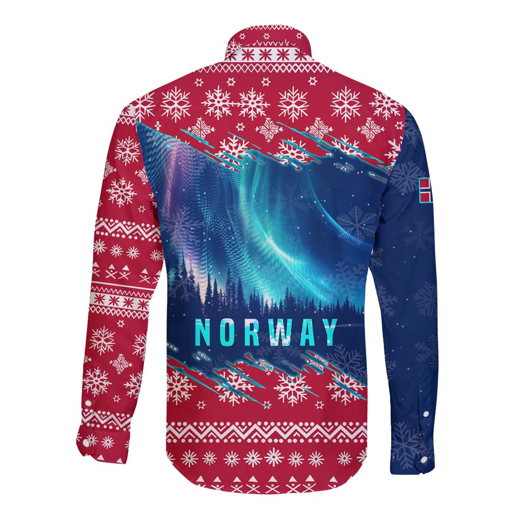 Norway Christmas Long Sleeve Button Shirt with Northern Lights Snowflake Pattern and Nordic Forest - Wonder Print Shop