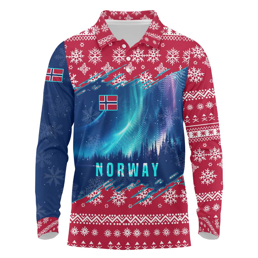 Norway Christmas Long Sleeve Polo Shirt with Northern Lights Snowflake Pattern and Nordic Forest - Wonder Print Shop