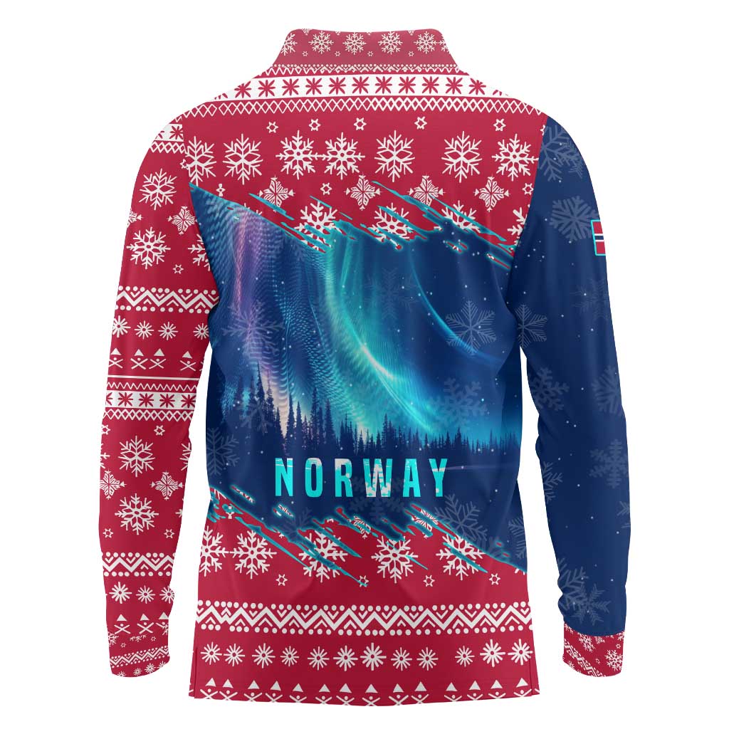 Norway Christmas Long Sleeve Polo Shirt with Northern Lights Snowflake Pattern and Nordic Forest - Wonder Print Shop