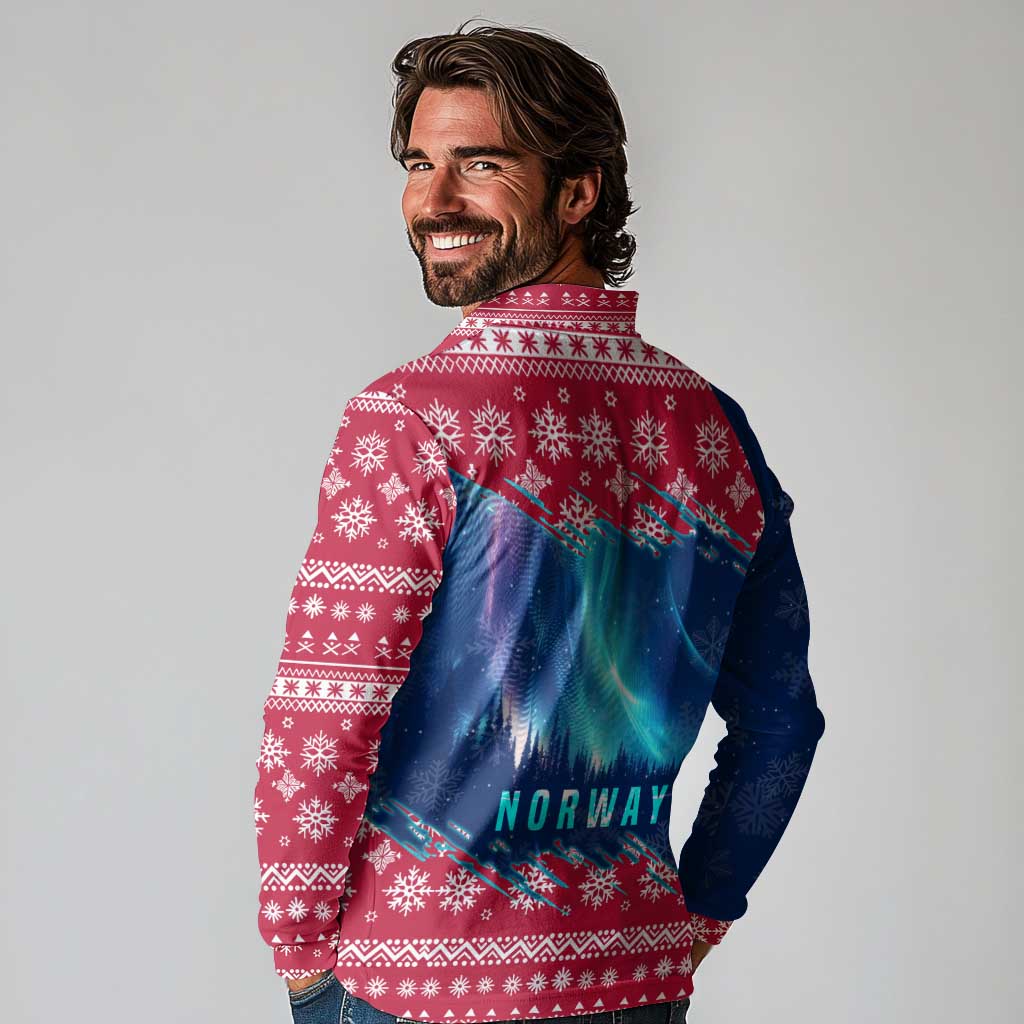 Norway Christmas Long Sleeve Polo Shirt with Northern Lights Snowflake Pattern and Nordic Forest - Wonder Print Shop