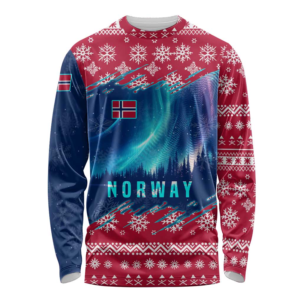 Norway Christmas Long Sleeve Shirt with Northern Lights Snowflake Pattern and Nordic Forest - Wonder Print Shop