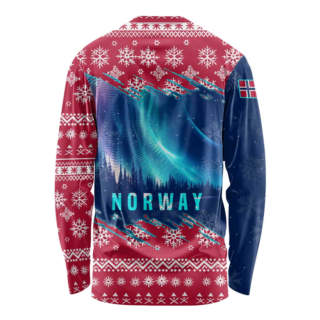 Norway Christmas Long Sleeve Shirt with Northern Lights Snowflake Pattern and Nordic Forest - Wonder Print Shop