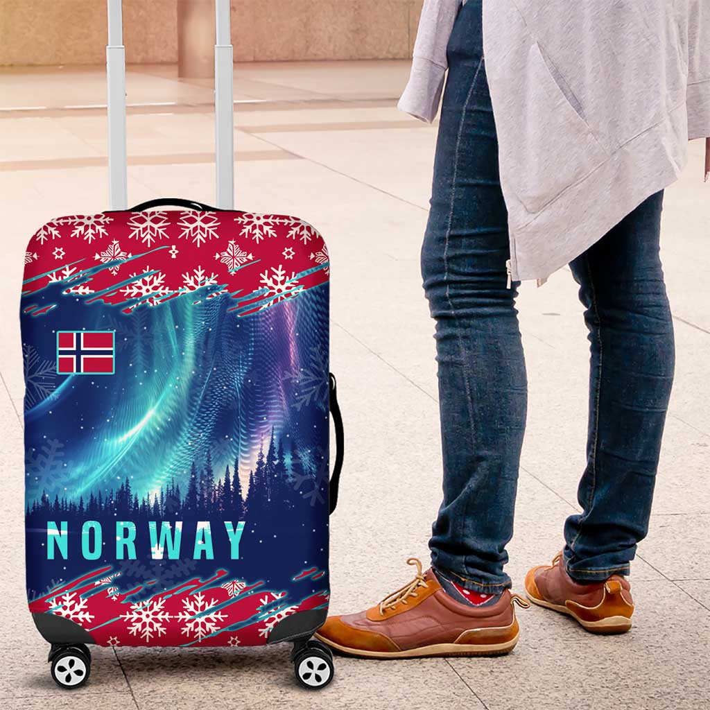 Norway Christmas Luggage Cover with Northern Lights Snowflake Pattern and Nordic Forest - Wonder Print Shop