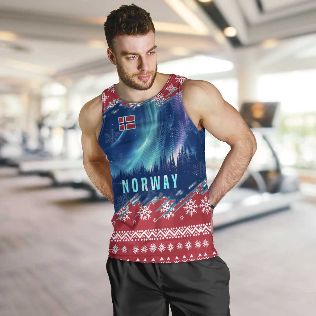 Norway Christmas Men Tank Top with Northern Lights Snowflake Pattern and Nordic Forest - Wonder Print Shop