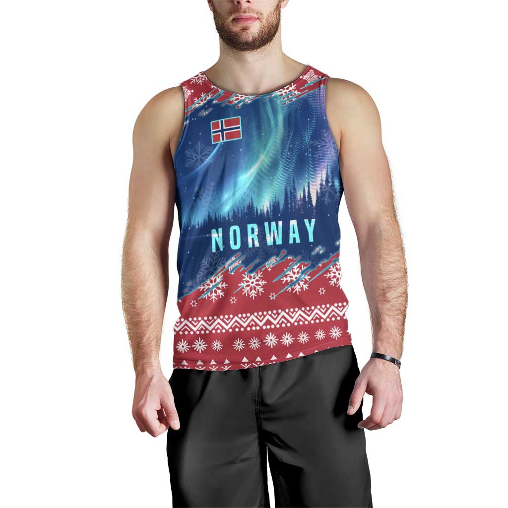 Norway Christmas Men Tank Top with Northern Lights Snowflake Pattern and Nordic Forest - Wonder Print Shop