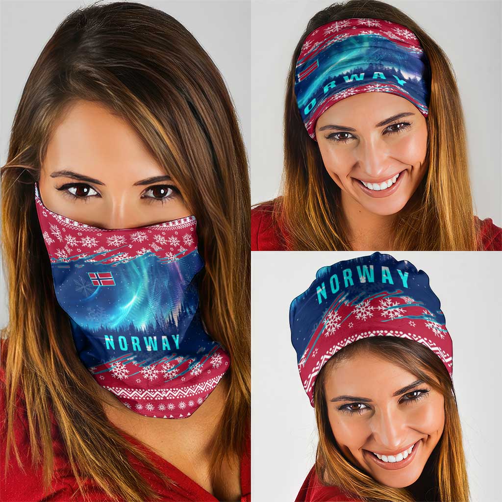 Norway Christmas Neck Gaiter with Northern Lights Snowflake Pattern and Nordic Forest - Wonder Print Shop