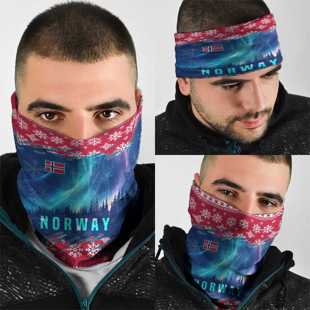 Norway Christmas Neck Gaiter with Northern Lights Snowflake Pattern and Nordic Forest - Wonder Print Shop