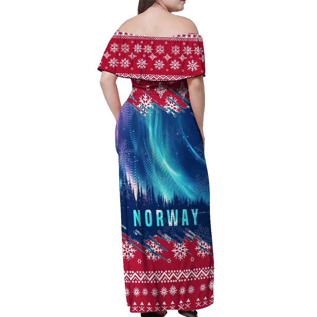 Norway Christmas Off Shoulder Maxi Dress with Northern Lights Snowflake Pattern and Nordic Forest - Wonder Print Shop