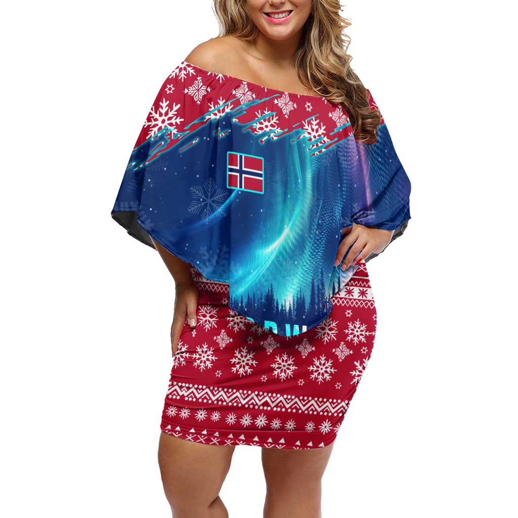 Norway Christmas Off Shoulder Short Dress with Northern Lights Snowflake Pattern and Nordic Forest - Wonder Print Shop