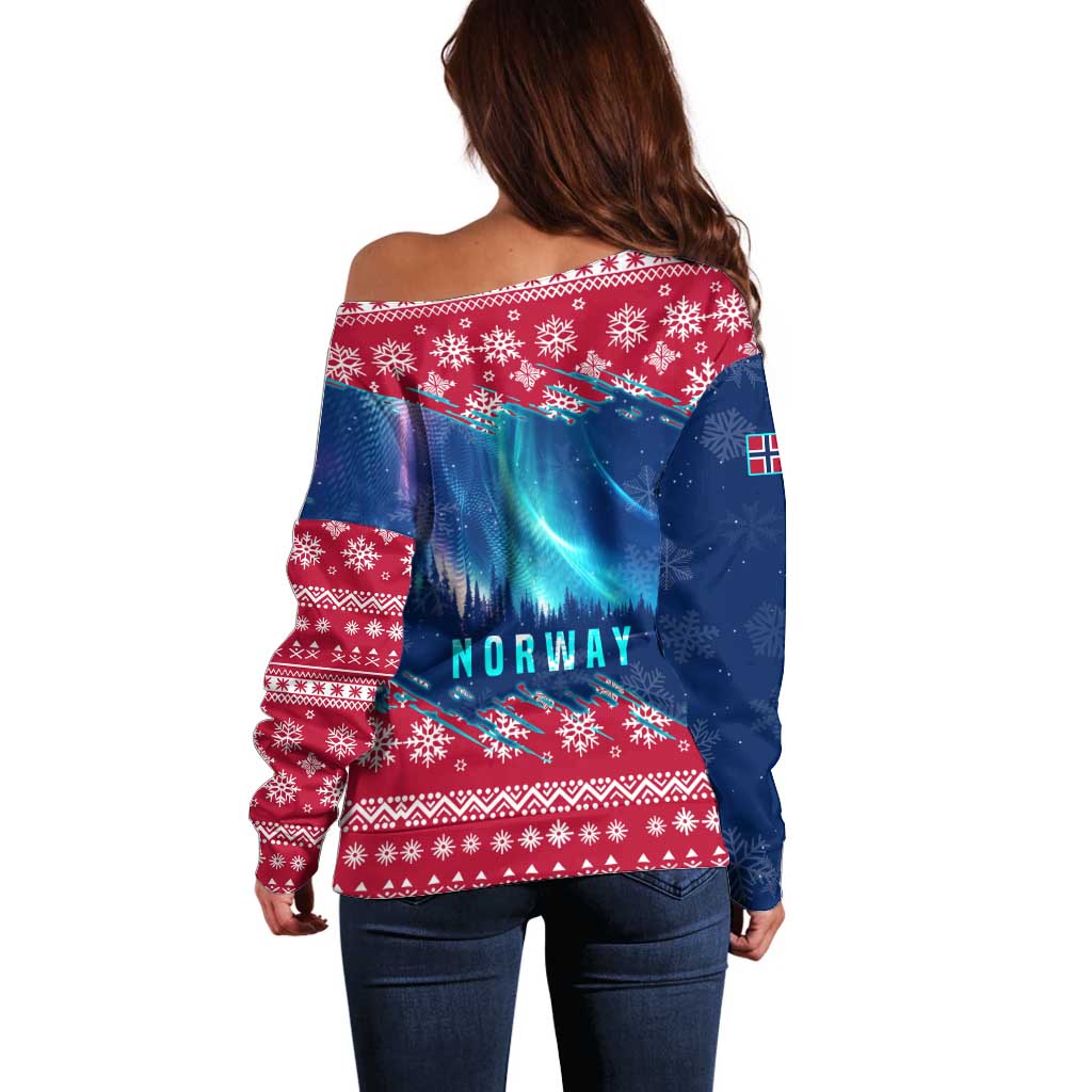 Norway Christmas Off Shoulder Sweater with Northern Lights Snowflake Pattern and Nordic Forest - Wonder Print Shop