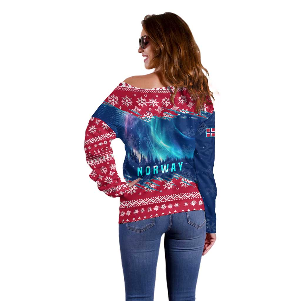 Norway Christmas Off Shoulder Sweater with Northern Lights Snowflake Pattern and Nordic Forest - Wonder Print Shop