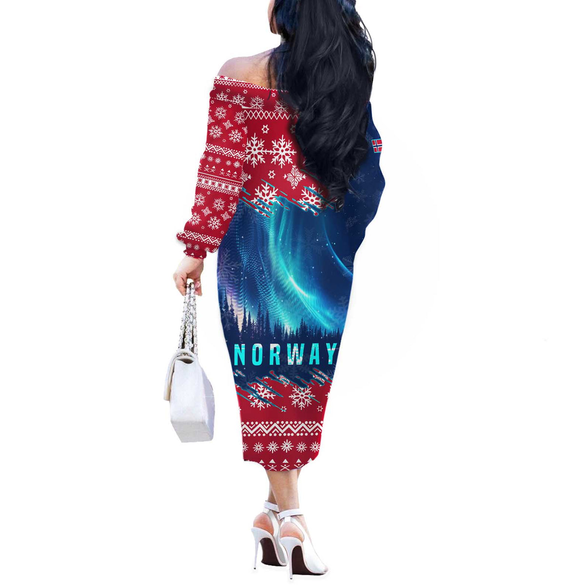 Norway Christmas Off The Shoulder Long Sleeve Dress with Northern Lights Snowflake Pattern and Nordic Forest - Wonder Print Shop