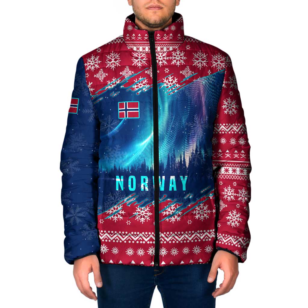 Norway Christmas Padded Jacket with Northern Lights Snowflake Pattern and Nordic Forest - Wonder Print Shop