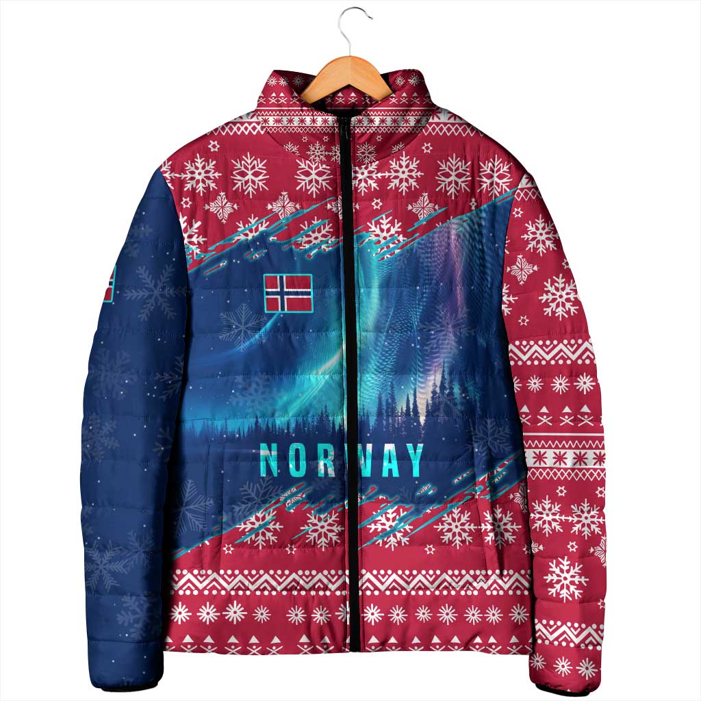 Norway Christmas Padded Jacket with Northern Lights Snowflake Pattern and Nordic Forest - Wonder Print Shop